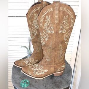 Embroidered Brown Western Cowboy Boots with rhinestones knee high women’s 8.5